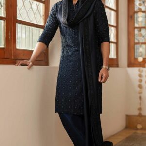 Navy Blue Raw Silk Embroidered Men